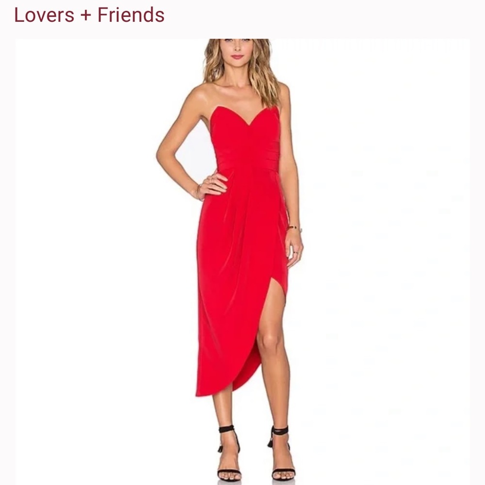 Lovers + friends red strapless asymmetric hem dress